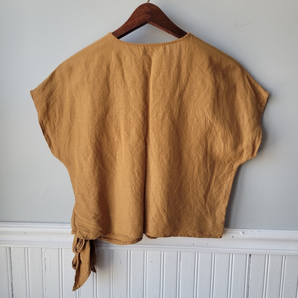 Madewell Linen Blend Mustard Wrap Cropped Blouse Size Small - Picture 9 of 16